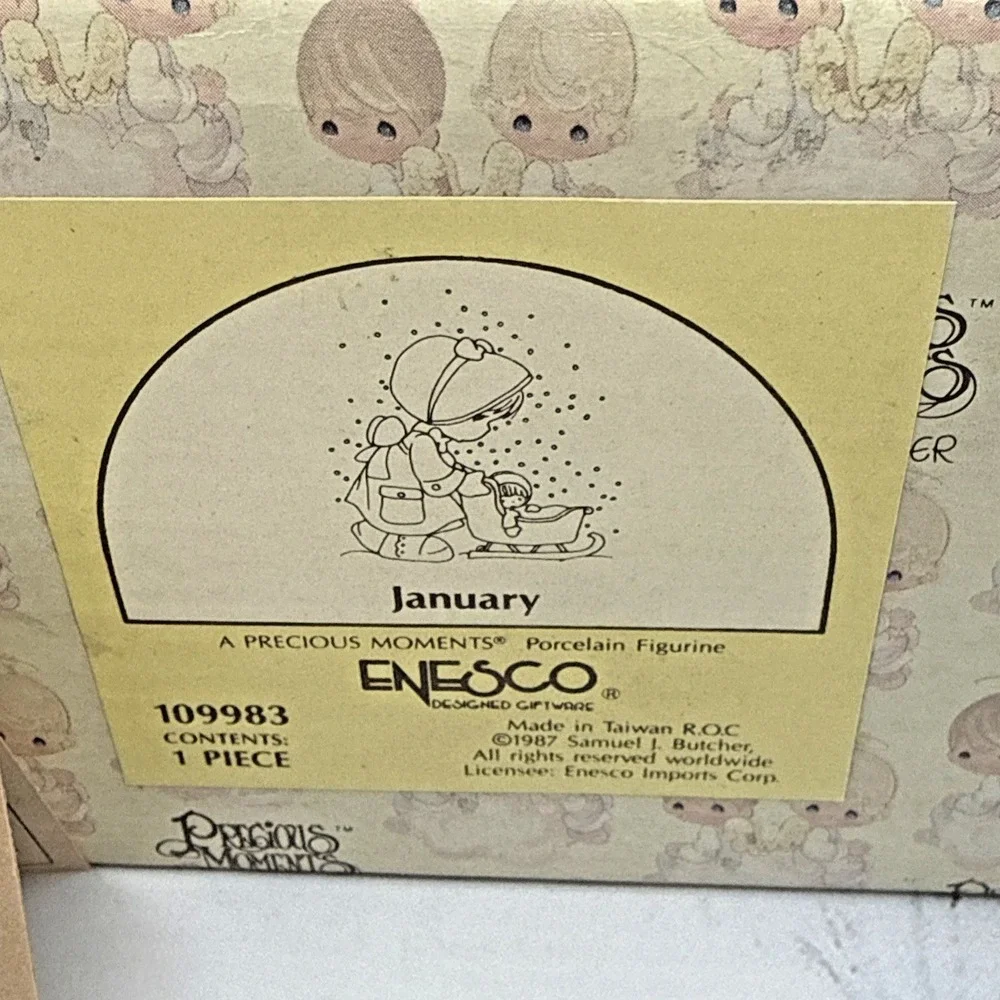 Precious Moments January Calendar Girl Winter Doll‎ In Sleigh Sled 1987 NEW